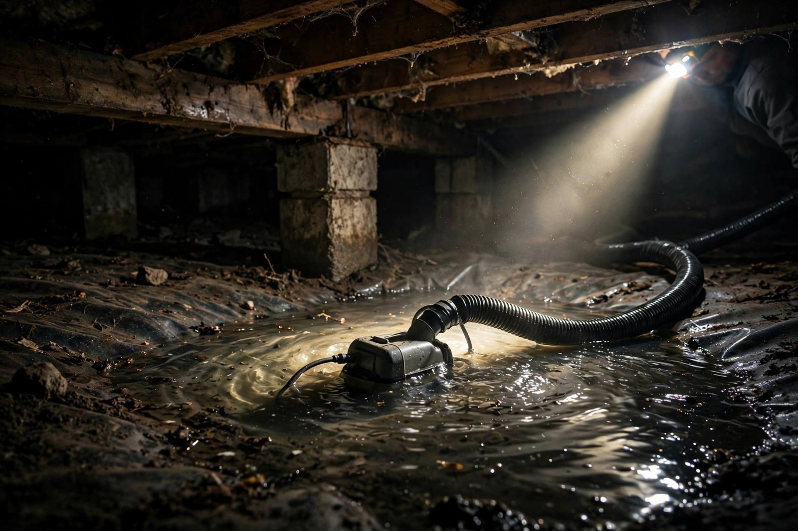Submersible pump removing standing water from a flooded Lynnwood crawl space