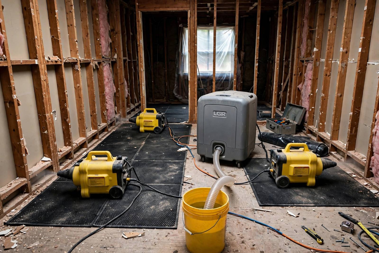 Professional drying equipment lined up for burst pipe water damage restoration