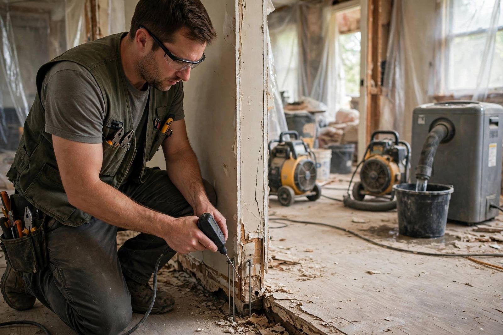 Technician checking wall moisture with a meter beside air movers and a dehumidifier during structural drying