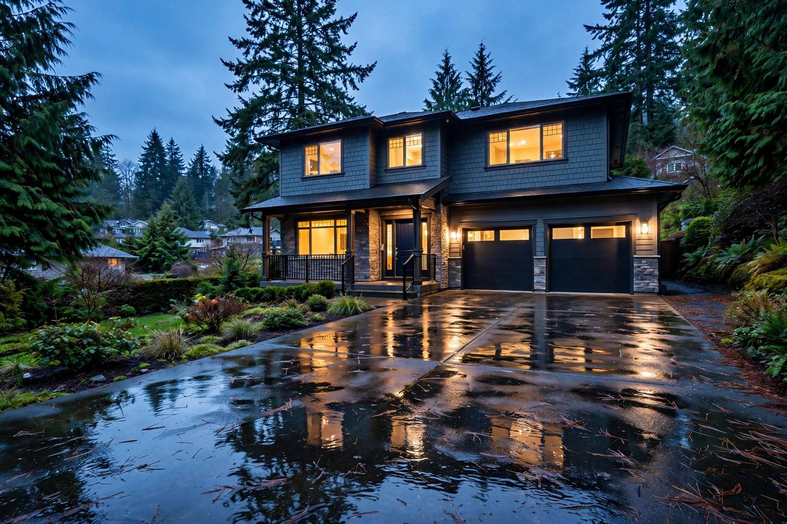 Lynnwood area home with rain-wet driveway surrounded by Pacific Northwest evergreens