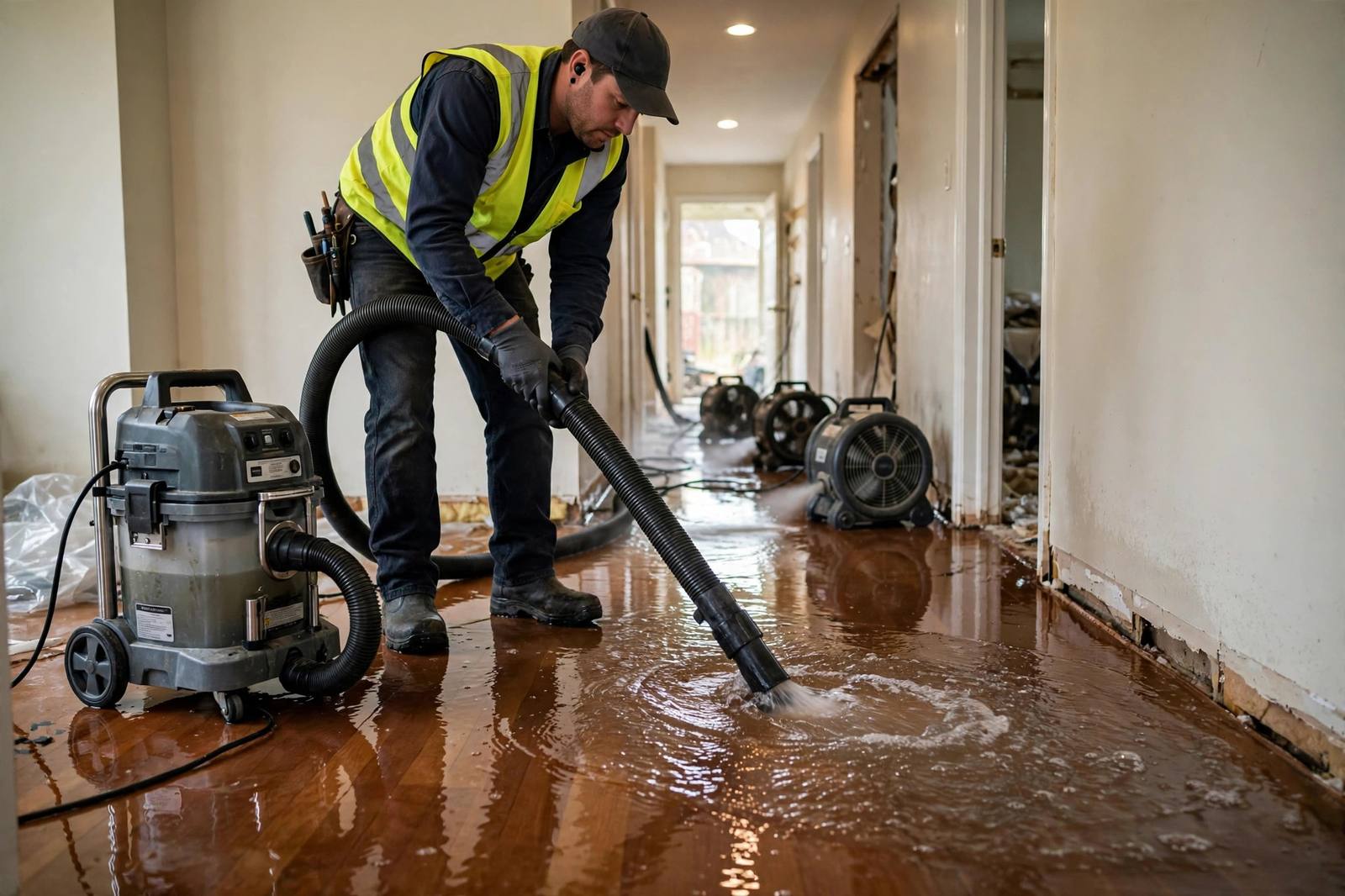 Water extraction in progress with a portable extractor on a flooded Lynnwood hallway floor