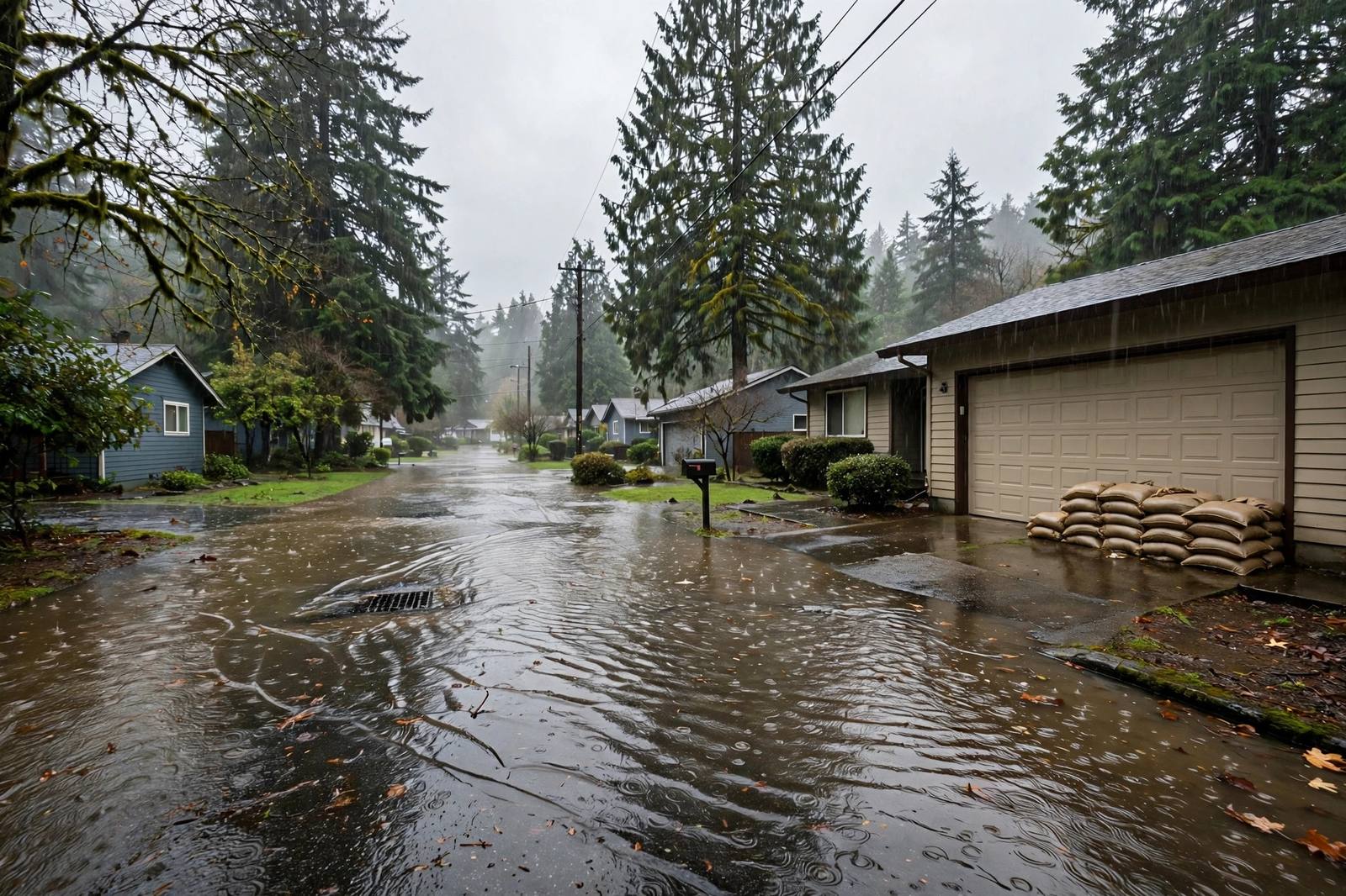Flooded Lynnwood street during heavy Pacific Northwest rain before restoration begins