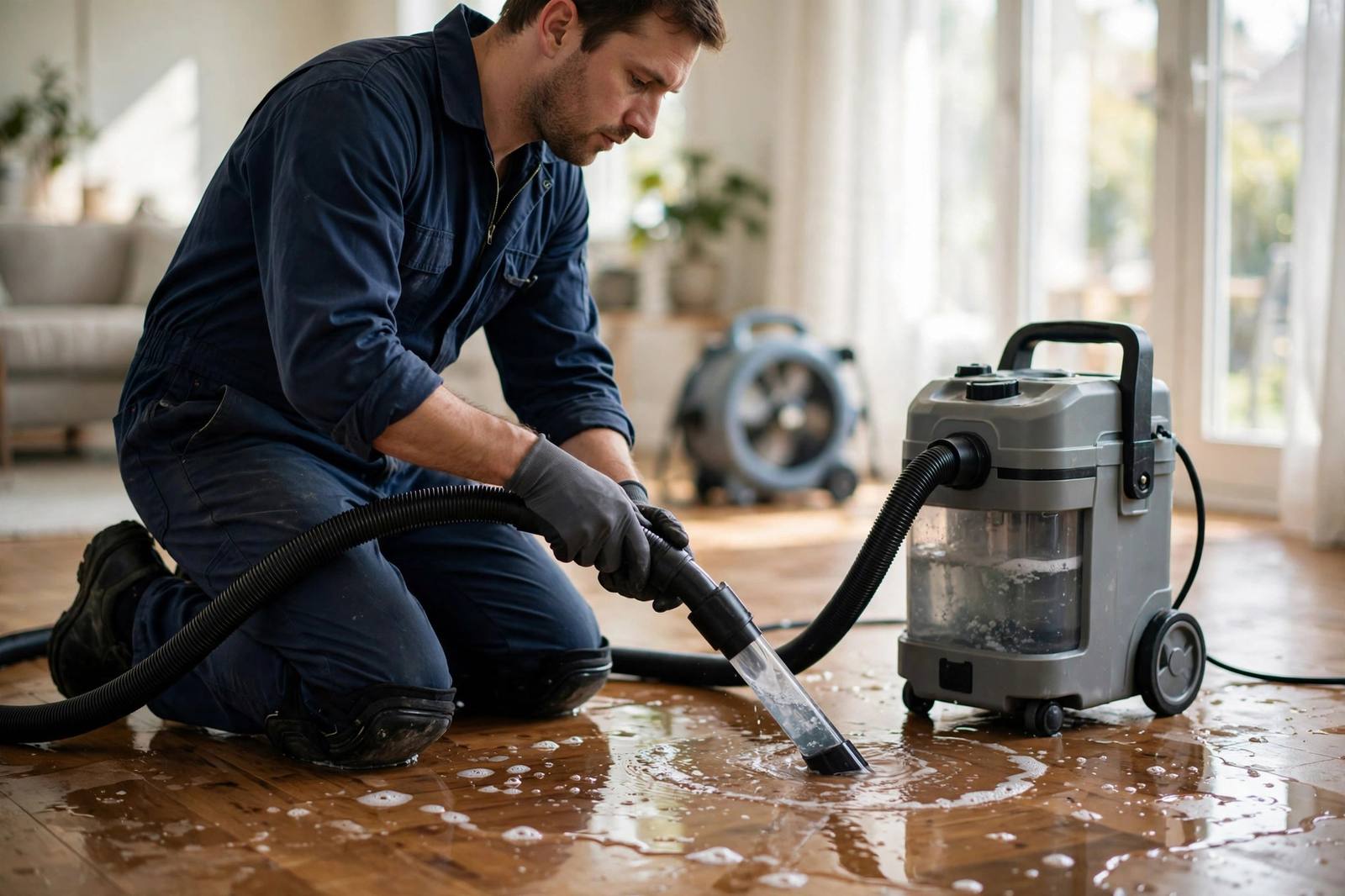 Restoration technician extracting floodwater from a hardwood living room floor in Lynnwood