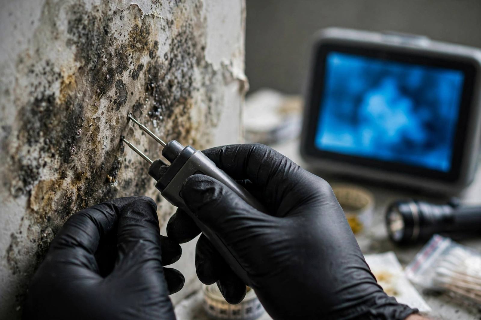 Moisture meter and thermal imaging inspection finding hidden mold behind Lynnwood drywall