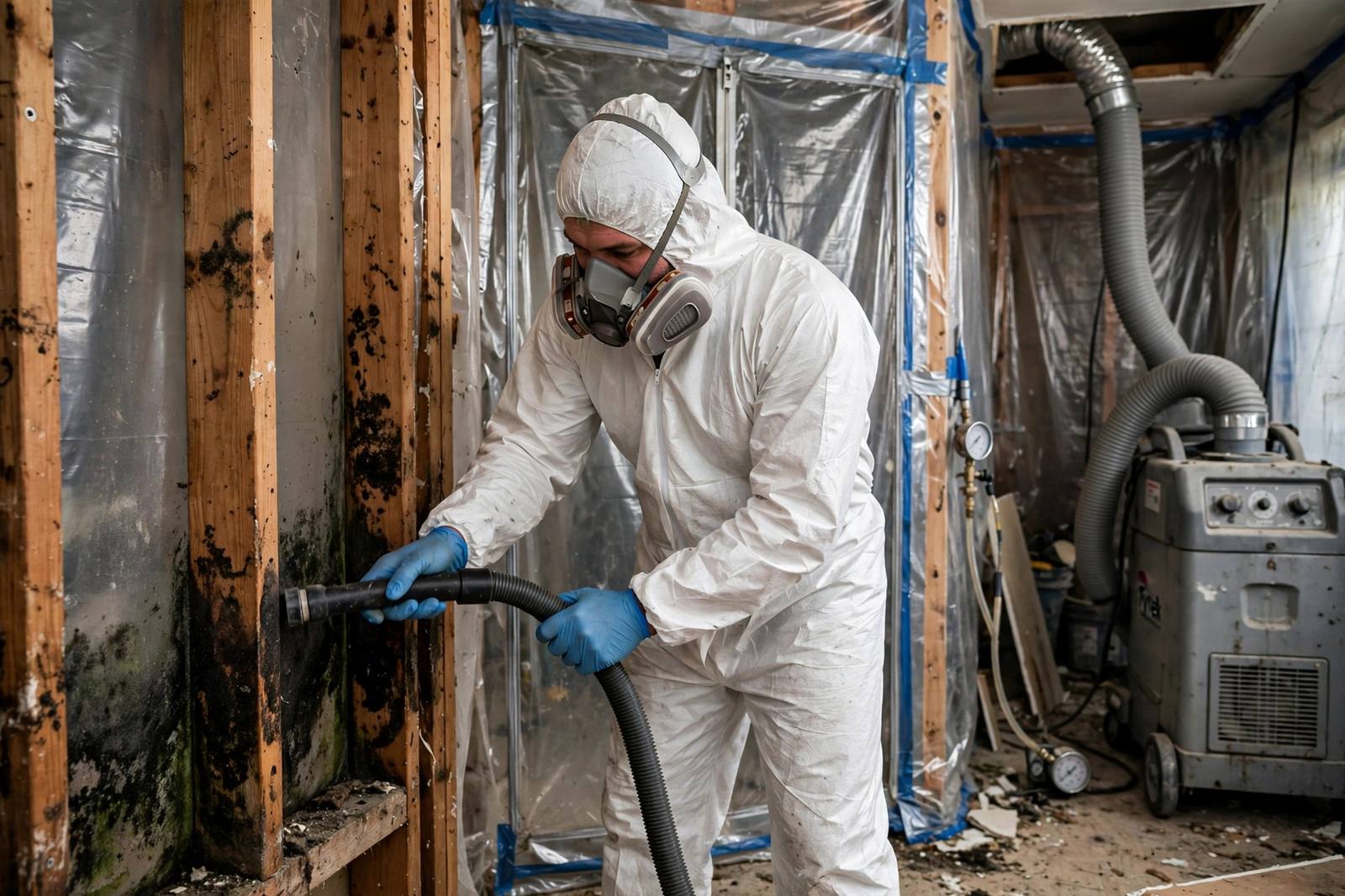 Certified technician in protective gear HEPA-vacuuming mold from wall framing in a Lynnwood home