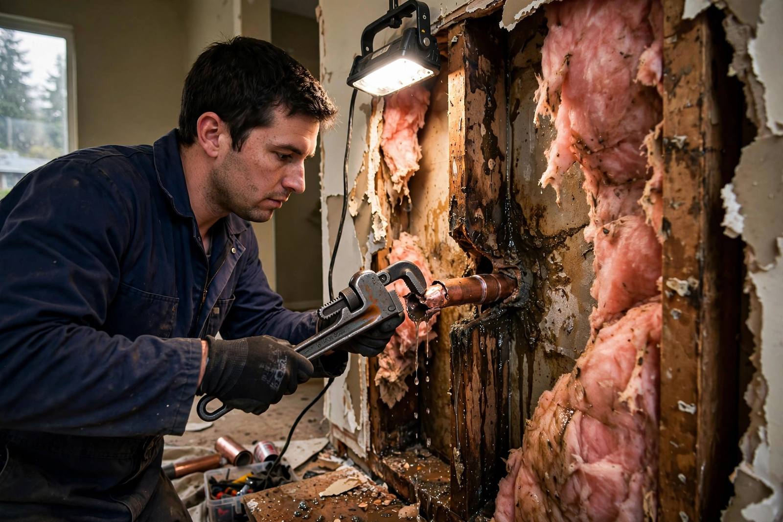 Technician repairing a burst copper pipe inside an opened wall cavity in a Lynnwood home