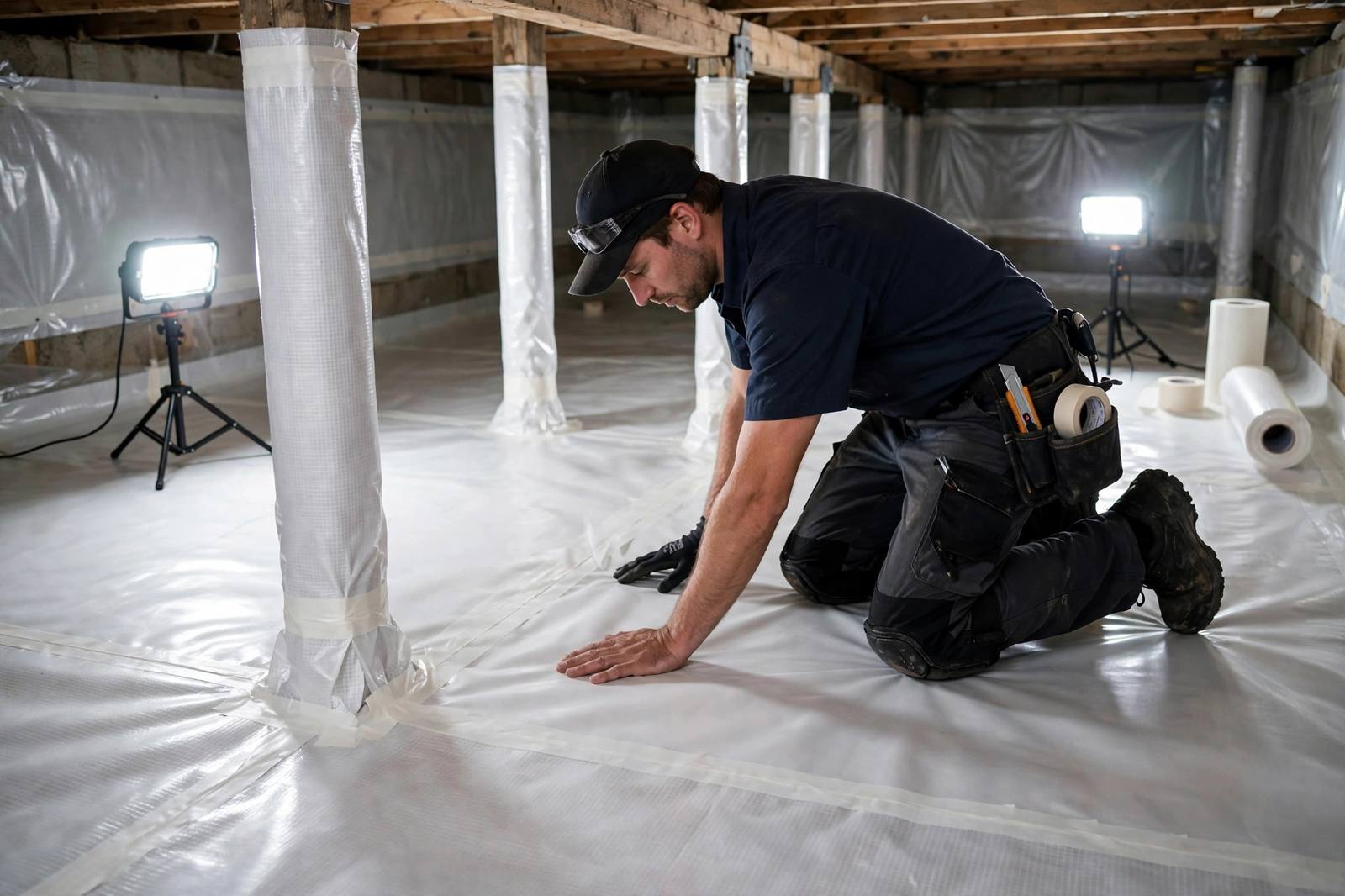 Technician installing a vapor barrier in a clean dry Lynnwood crawl space